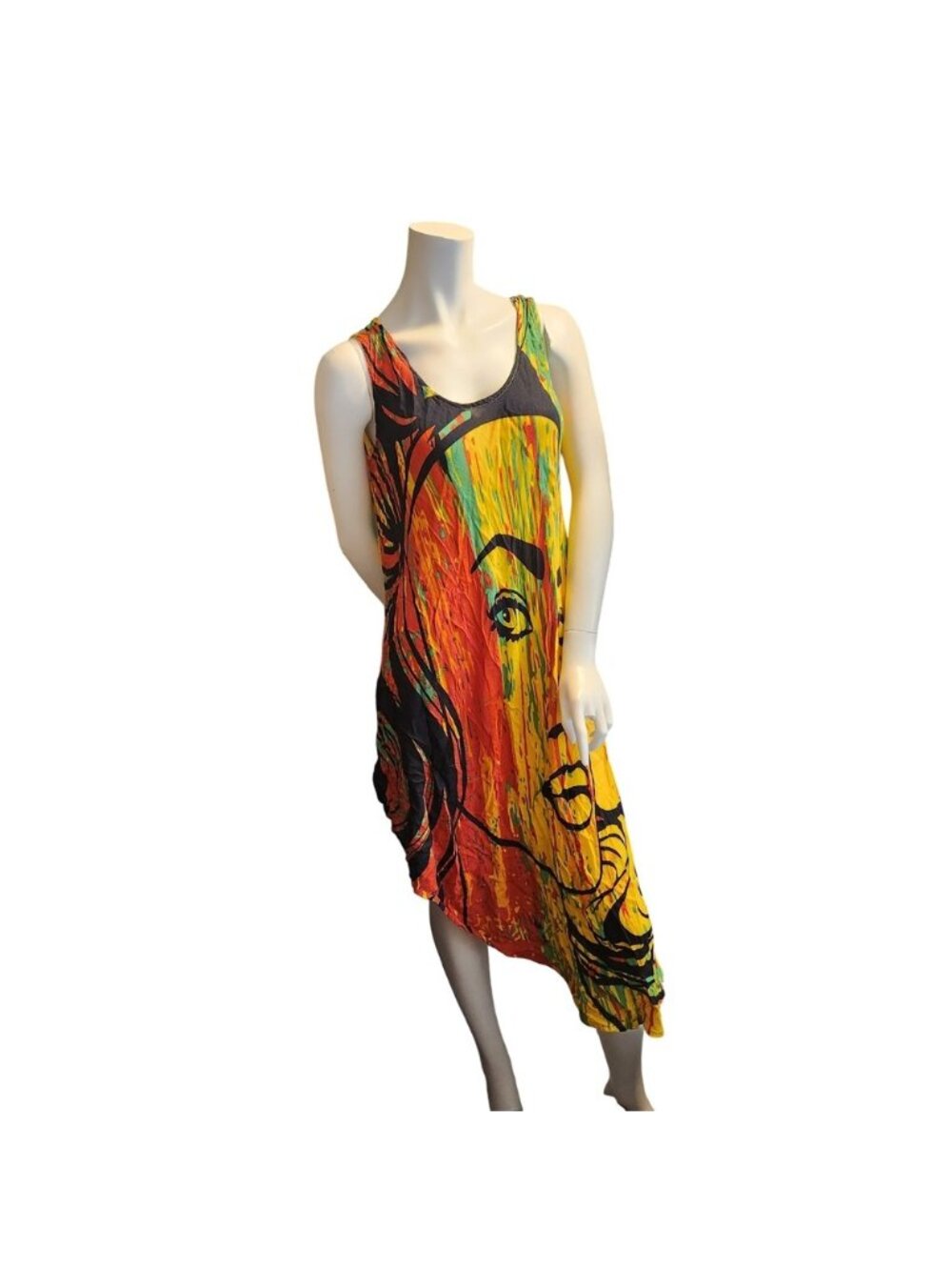 Artistic Face Graphic Asymmetrical Handkerchief Hem Rasta Color Midi Dress